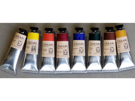 Our Elemental Paint Set of Titanium White with primary colors and two earths, chosen to mix for any style or subject.