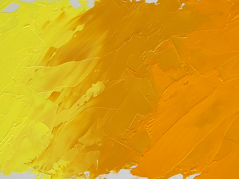 Brilliant Lemon Light shown at left mixing into Naples Orange at center. Cadmium Yellow Deep is at far right.