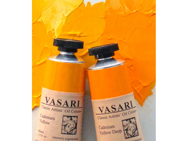 Tubes of Cadmium Yellow at left and Cadmium Yellow Deep at right shown over the paint. Top left corner shows the Cadmium Yellow tinted with a little white.