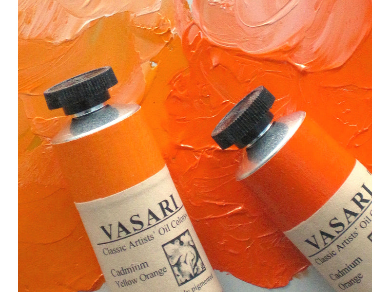 Cadmium Yellow Orange at left, Cadmium Orange at right with tints behind