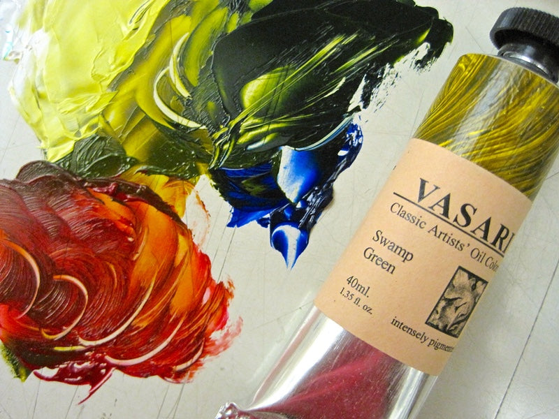 40ml tube of Swamp Green shown at far right, with mixtures to its left using Ruby Rose bottom left, Ultramarine Blue upper right and tinted with Titanium White at upper left corner.